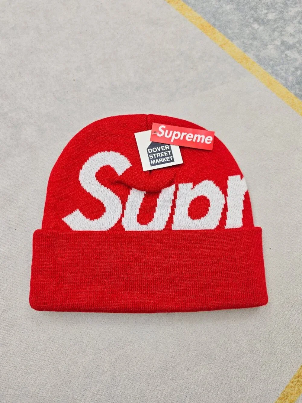 Supreme Red and White Knit Beanie with Large Logo